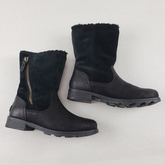 Sorel Emelie Foldover Boot Womens 7 Black Leather Waterproof Insulated Lined - Picture 1 of 15